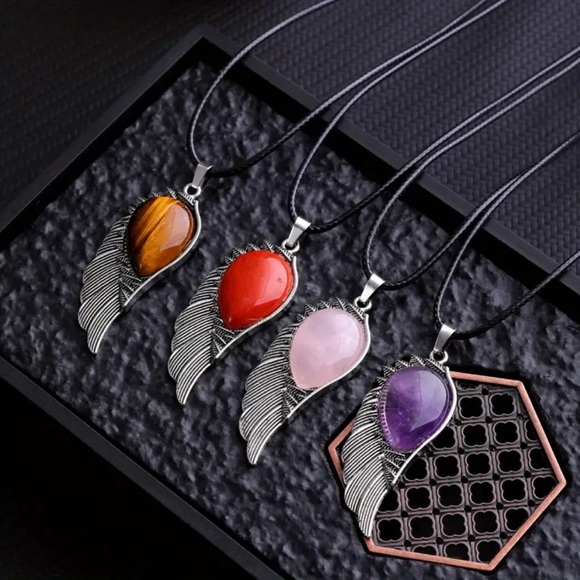 Angel Wing Natural Stone Crystal Gemstone Pendant Necklace - Picture 3 of 14